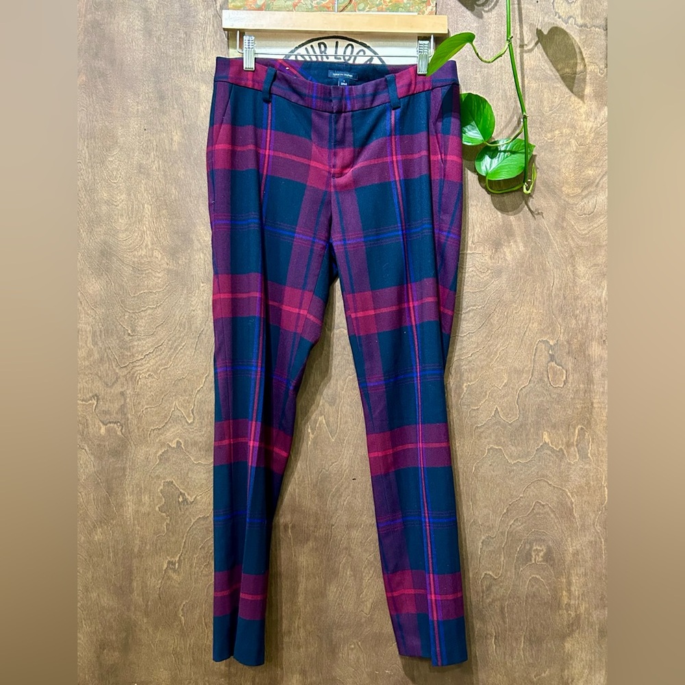Magenta & Navy Blue Plaid Mid-Rise Slim Straight Leg Trousers ~ Fancy Pants ~